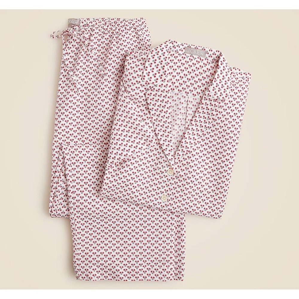 J.Crew Womens Pajama Set Small Red Ditsy Floral Linen Cotton Cropped Top Pants